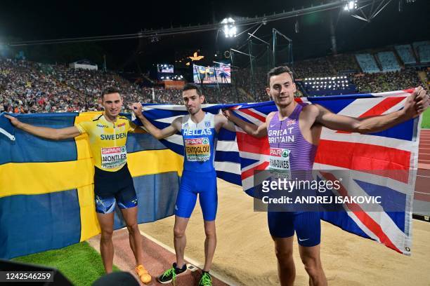 Greece's Miltiadis Tentoglou celebrates winning with Britain's Jacob Fincham-Dukes and Sweden's Thobias Montler after the men's Long Jump final...