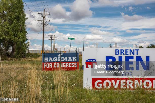 Campaign signs for Harriet Hageman, Republican US Representative candidate for Wyoming, and Brent Bien, a Republican gubernatorial candidate for...