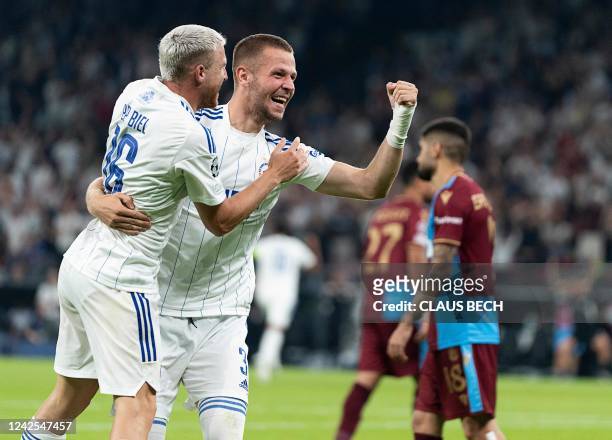 Copenhagen's Slovak defender Denis Vavro celebrates after scoring a goal during the play off Champions League football match FC Copenhagen vs...