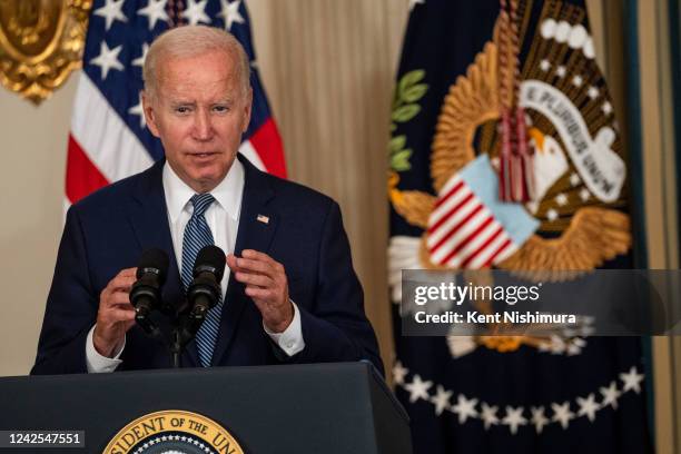 President Joe Biden delivers remarks and signs H.R. 5376, the Inflation Reduction Act of 2022 into law in the State Dining Room of the White House on...