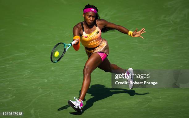 Coco Gauff of the United States hits a shot against Marie Bouzkova of the Czech Republic in her first round match on Day 4 of the Western & Southern...