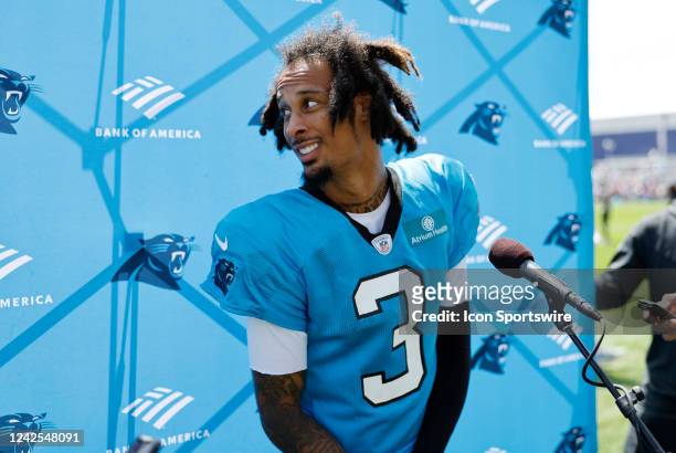 Carolina Panthers wide receiver Robbie Anderson listens to a question during a joint practice between the New England Patriots and the Carolina...