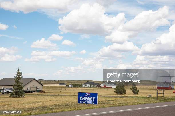 Campaign sign for Representative Liz Cheney, a Republican from Wyoming, along a road in Cheyenne, Wyoming, US, on Tuesday, Aug. 16, 2022. Cheney, who...