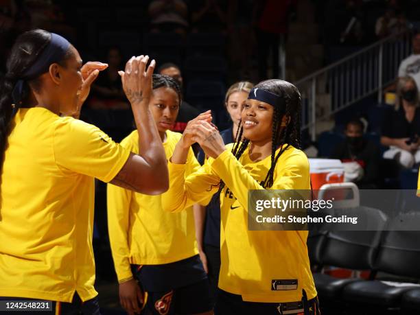 Destanni Henderson of the Indiana Fever walks on to the court prior to the game against the Washington Mystics on August 14, 2022 at Entertainment &...