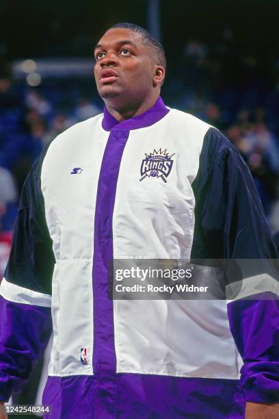 Oliver Miller of the Sacramento Kings looks on before a game against Vancouver Grizzlies on May 12, 1998 at the Arco Arena in Sacramento, California....