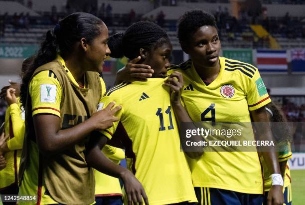 Colombia's Linda Caicedo celebrates with teammates Mary Espitaleta and Yunaira Lopez after scoring a goal against New Zealand during their Women's...