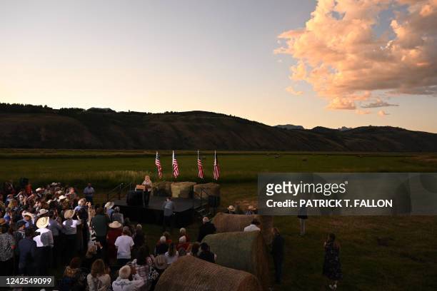 Representative Liz Cheney speaks to supporters at an election night event during the Wyoming primary election at Mead Ranch in Jackson, Wyoming on...