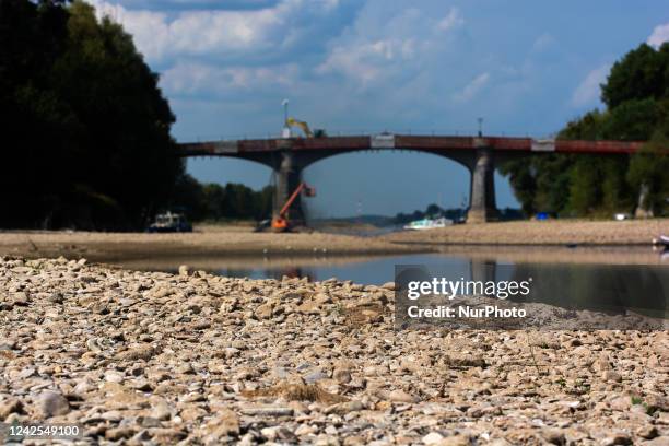 Dried up river bank of ohbach rivver is seen which direct connect to Rhine river during the low water level of Rhine river in Bad Honnef, Germany on...