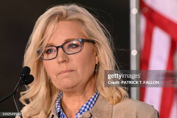 Representative Liz Cheney speaks to supporters at an election night event during the Wyoming primary election at Mead Ranch in Jackson, Wyoming on...