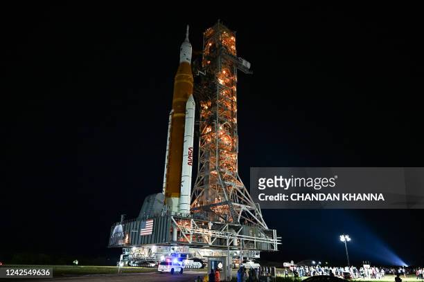 S Artemis I Moon rocket is rolled out to Launch Pad Complex 39B at Kennedy Space Center, in Cape Canaveral, Florida, on August 16, 2022. Artemis 1,...