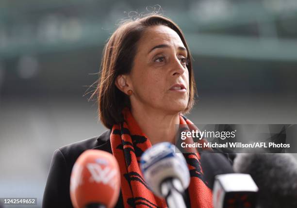Nicole Livingstone, AFL Head of Women's Football speaks with media during the AFLW 2022 Season 7 Captains Day at Marvel Stadium on August 17, 2022 in...