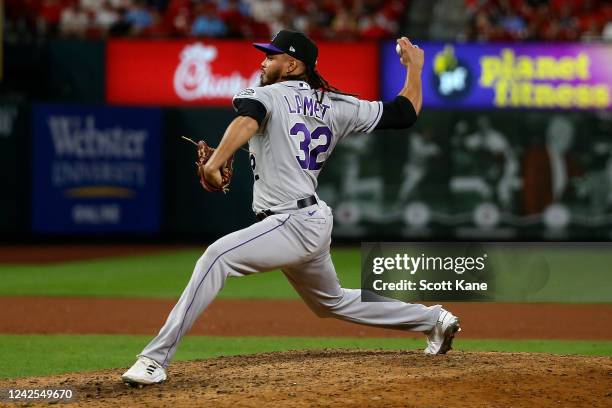 Dinelson Lamet of the Colorado Rockies pitches in the ninth inning against the St. Louis Cardinals at Busch Stadium on August 16, 2022 in St. Louis,...