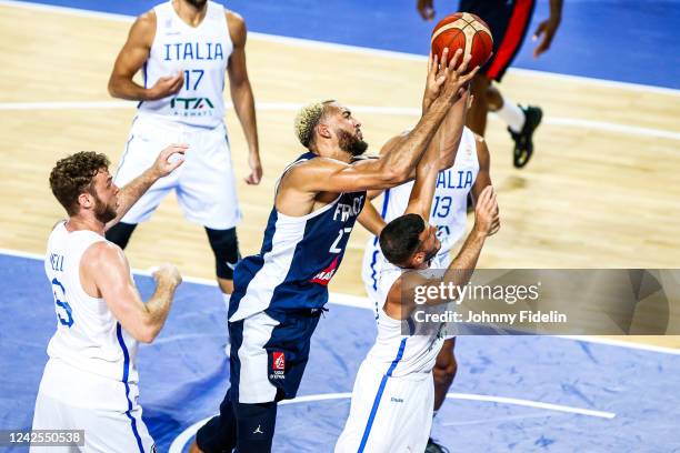 Rudy GOBERT of France take a rebound during the International Friendly Match between France and Italy at Sud de France Arena on August 16, 2022 in...