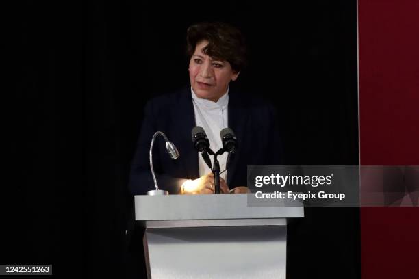 Outgoing Secretary of Public Education, Delfina Gomez, during her message at the presentation of the "Plan de estudios de educación de preescolar,...