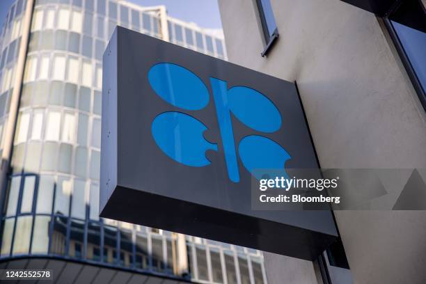 The logo of the Organization of Petroleum Exporting Countries on a sign at at the OPEC headquarters in Vienna, Austria, on Wednesday, Aug. 17, 2022....