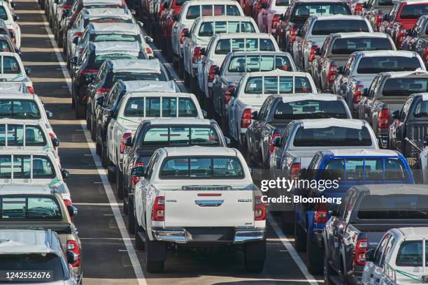 Lines of new Hilux automobiles in a parking lot ahead of distribution at the Toyota Motor Corp. Manufacturing plant in Durban, South Africa, on...