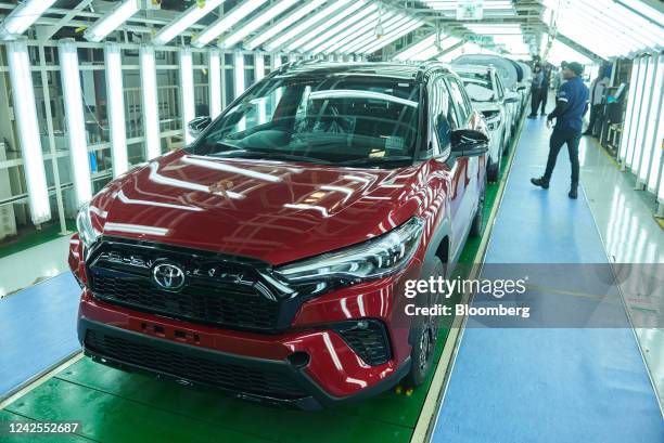 Newly-assembled automobiles pass through quality control at the Toyota Motor Corp. Manufacturing plant in Durban, South Africa, on Tuesday, Aug. 16,...