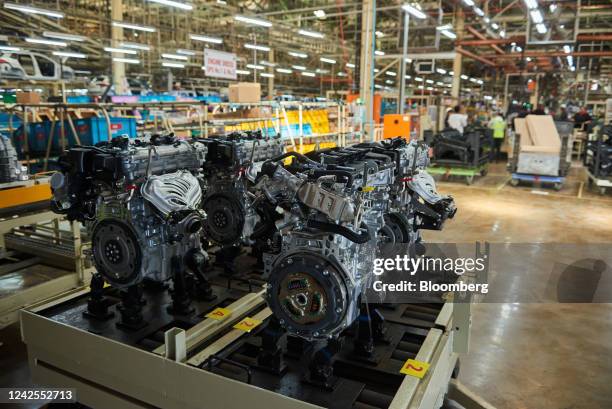 Combustion engines waiting installation on the automobile production line at the Toyota Motor Corp. Manufacturing plant in Durban, South Africa, on...