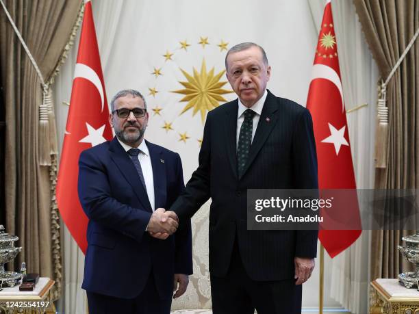 Turkish President Recep Tayyip Erdogan receives President of the High State Council of Libya, Khalid Ammar Al-Mishri at presidential complex in...