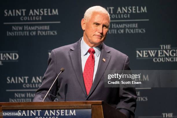 Former Vice President Mike Pence speaks at "Politics & Eggs" at the New Hampshire Institute Politics at St. Anselm College on August 17, 2022 in...