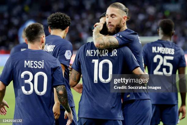 Neymar Jr of Paris Saint Germain celebrates his 2-0 with Sergio Ramos of Paris Saint Germain during the French League 1 match between Paris Saint...