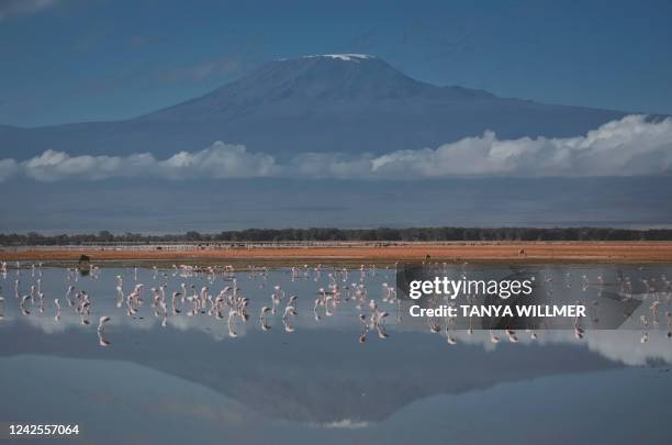 General view on Mount Kilimanjaro taken on July 21, 2022 from the Amboseli National Park in Kenya. Tanzania has installed high-speed internet...