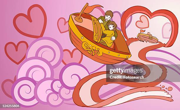 ilustrações, clipart, desenhos animados e ícones de young couple sitting in a boat in mid-air - mode