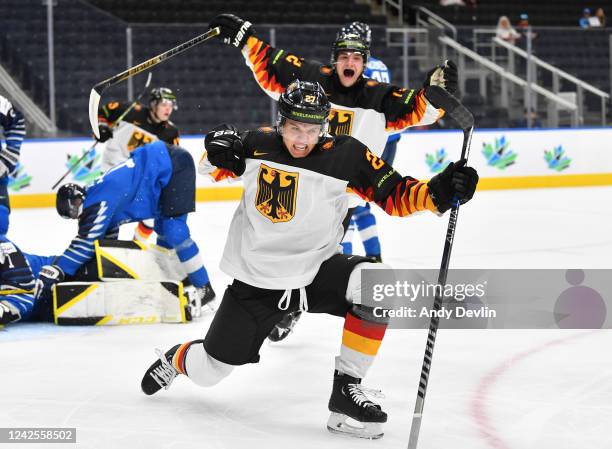 Bennet Rossmy of Germany celebrates after a goal during the game against Finland in the IIHF World Junior Championship on August 17, 2022 at Rogers...