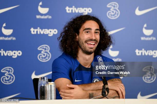 Marc Cucurella of Chelsea during a press conference at Chelsea Training Ground on August 17, 2022 in Cobham, England.