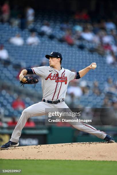 Max Fried of the Atlanta Braves throws a pitch during the first inning against the Washington Nationals at Nationals Park on June 14, 2022 in...