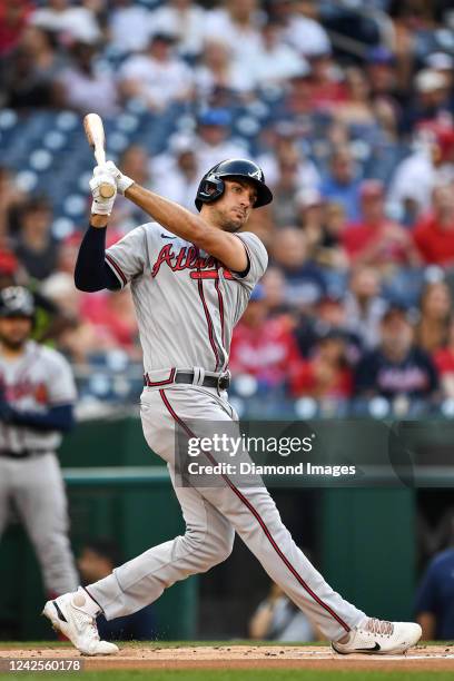 Matt Olson of the Atlanta Braves bats during the first inning against the Washington Nationals at Nationals Park on June 14, 2022 in Washington, DC.