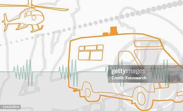 ilustrações, clipart, desenhos animados e ícones de helicopter flying over an ambulance - mode