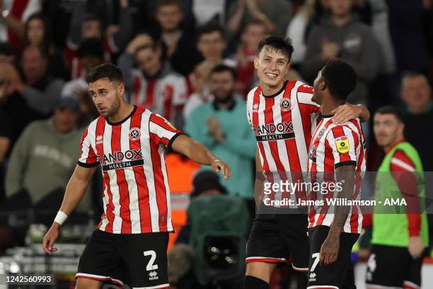 Anel Ahmedhodzic of Sheffield United celebrates after scoring a goal to make it 1-0 during the Sky Bet Championship between Sheffield United and...