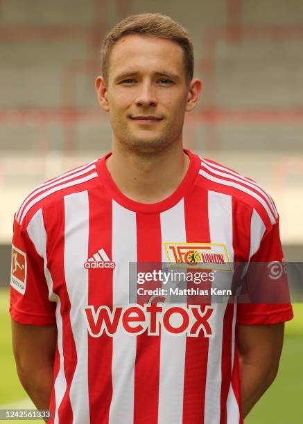 Paul Jaeckel poses during the team presentation of 1. FC Union Berlin at Stadion an der alten Foersterei on August 17, 2022 in Berlin, Germany.