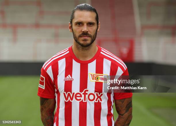 Christopher Trimmel poses during the team presentation of 1. FC Union Berlin at Stadion an der alten Foersterei on August 17, 2022 in Berlin, Germany.