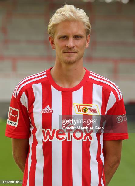Morten Thorsby poses during the team presentation of 1. FC Union Berlin at Stadion an der alten Foersterei on August 17, 2022 in Berlin, Germany.