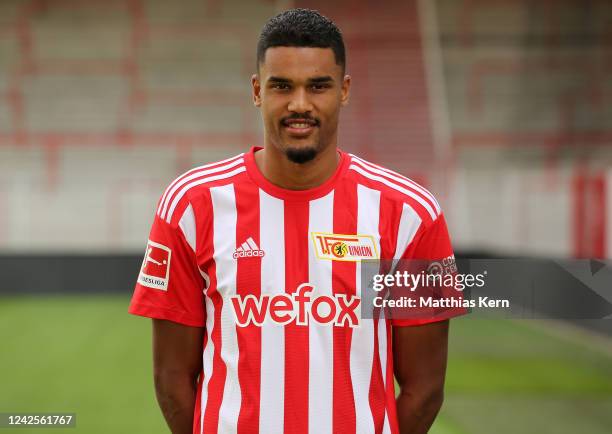 Danilho Doekhi poses during the team presentation of 1. FC Union Berlin at Stadion an der alten Foersterei on August 17, 2022 in Berlin, Germany.