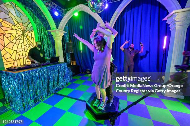 San Diego, CA Emilie Jimenez and Todd Harpenau dance for a 360° video inside Nadja Nightclub from What we do in the Shadows at FX Fearless during the...