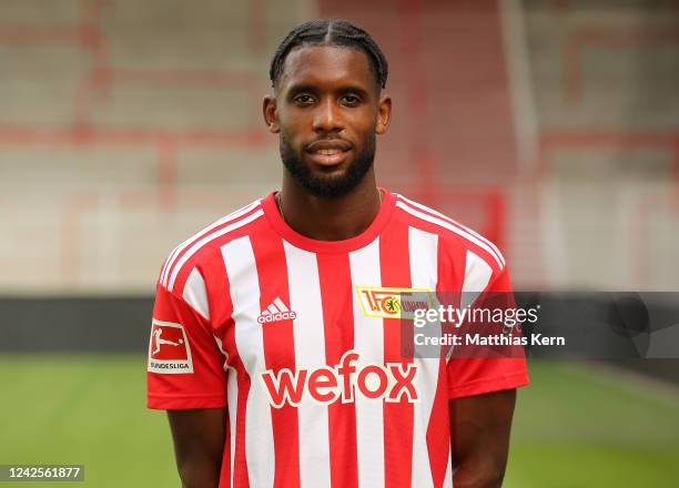 Jordan Siebatcheu poses during the team presentation of 1. FC Union Berlin at Stadion an der alten Foersterei on August 17, 2022 in Berlin, Germany.