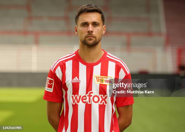 Milos Pantovic poses during the team presentation of 1. FC Union Berlin at Stadion an der alten Foersterei on August 17, 2022 in Berlin, Germany.