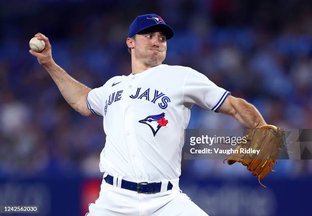 Ross Stripling of the Toronto Blue Jays delivers a pitch in the second inning against the Baltimore Orioles at Rogers Centre on August 17, 2022 in...