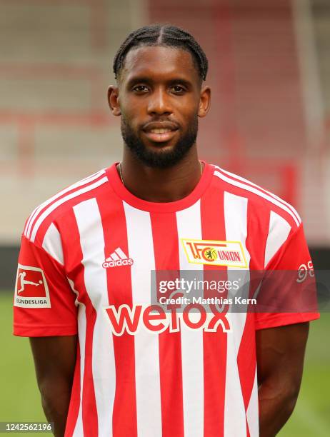 Jordan Siebatcheu poses during the team presentation of 1. FC Union Berlin at Stadion an der alten Foersterei on August 17, 2022 in Berlin, Germany.