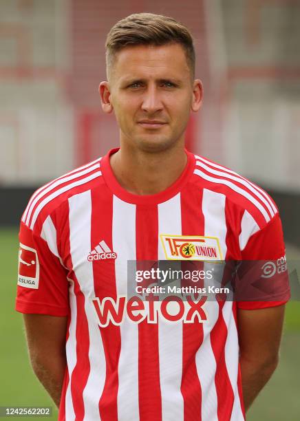 Paul Seguin poses during the team presentation of 1. FC Union Berlin at Stadion an der alten Foersterei on August 17, 2022 in Berlin, Germany.