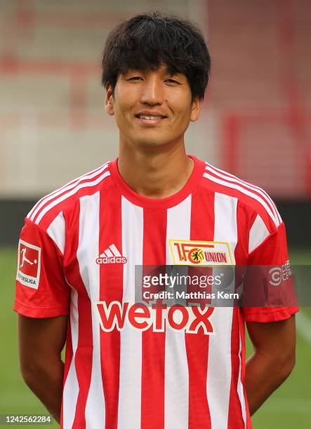 Genki Haraguchi poses during the team presentation of 1. FC Union Berlin at Stadion an der alten Foersterei on August 17, 2022 in Berlin, Germany.
