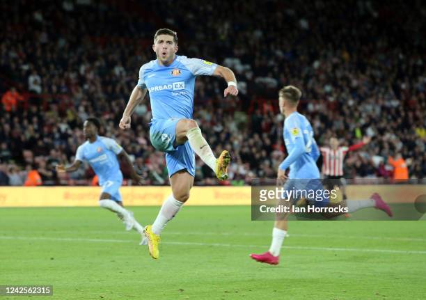 Lynden Gooch of Sunderland celebrates after he lobs the keeper for the first Sunderland goal during the Sky Bet Championship between Sheffield United...