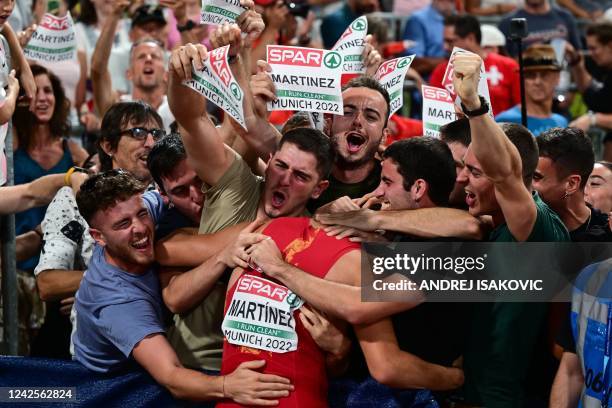 Spain's Asier Martinez celebrates winning gold in the men's 110m Hurdles final during the European Athletics Championships at the Olympic Stadium in...
