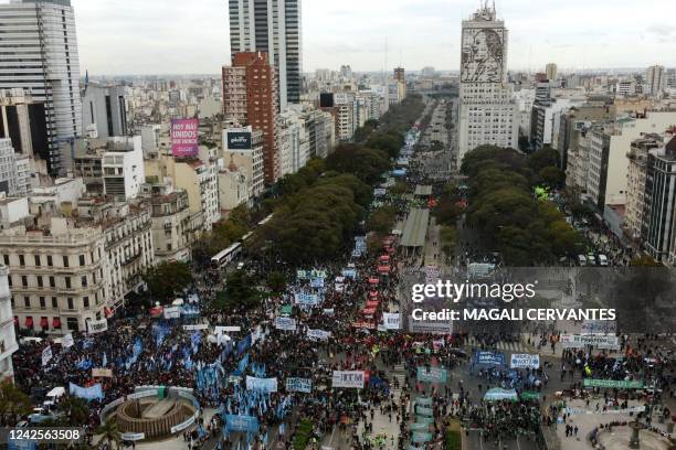 Aerial view of the 9 de Julio avenue during a demonstration against the inflation, held by the General Confederation of Labor , in Buenos Aires, on...