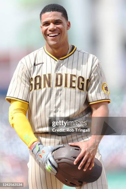 Juan Soto of the San Diego Padres looks on during the game between the San Diego Padres and the Washington Nationals at Nationals Park on Sunday,...