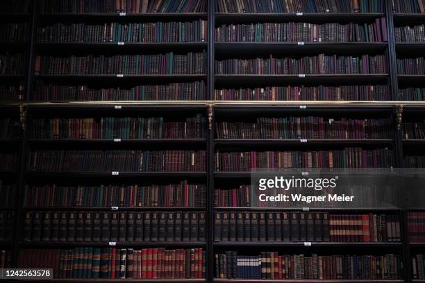 Detail inside of the Royal Portuguese Cabinet of Reading on August 5, 2022 in Rio de Janeiro, Brazil. The shelves of this iconic building have the...