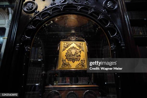 Detail view of a Honor book of Eduardo Lemos inside of the Royal Portuguese Cabinet of Reading on August 5, 2022 in Rio de Janeiro, Brazil. The...